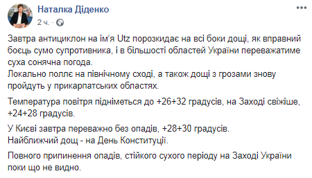 Прогноз погоды на 26 июня. Скриншот Facebook-страницы Натальи Диденко