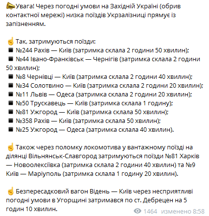 Задержки поездов 2 августа. Скриншот телеграм-канала УЗ