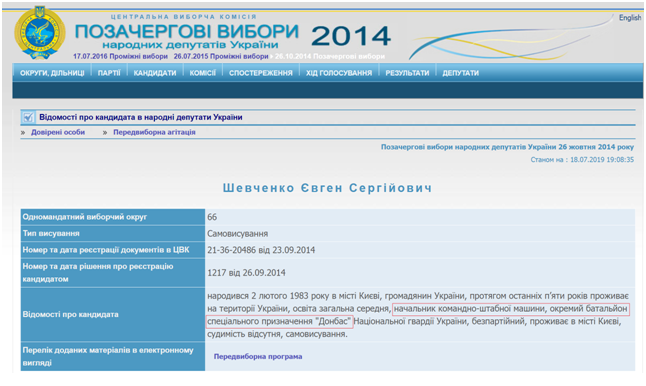 Шевченко указал свою должность в батальоне "Донбасс". Источник: cvk.gov.ua