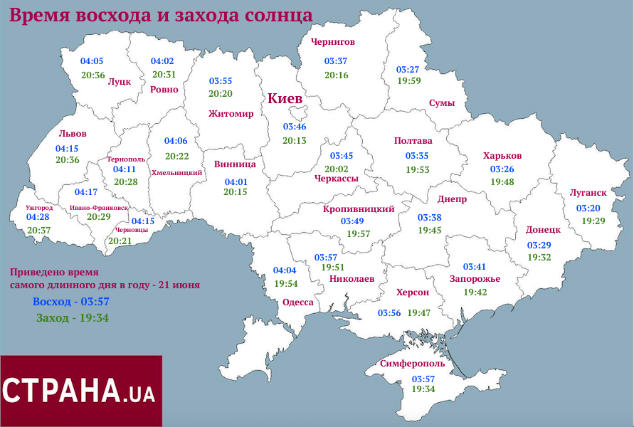 восход и заход солцна в Украине