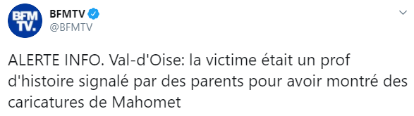 В пригороде Парижа был обезглавлен учитель истории. Он показывал ученикам карикатуры на пророка Мухаммеда. Скриншот: BFMTV в Твиттере