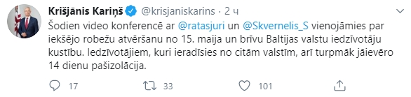 Литва, Латвия и Эстония с 15 мая откроют внутренние границы. Скриншот: Twitter/ Кришьянис Кариньш