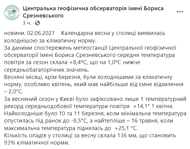 Весна-2021 в Киеве оказалась холоднее нормы на один градус