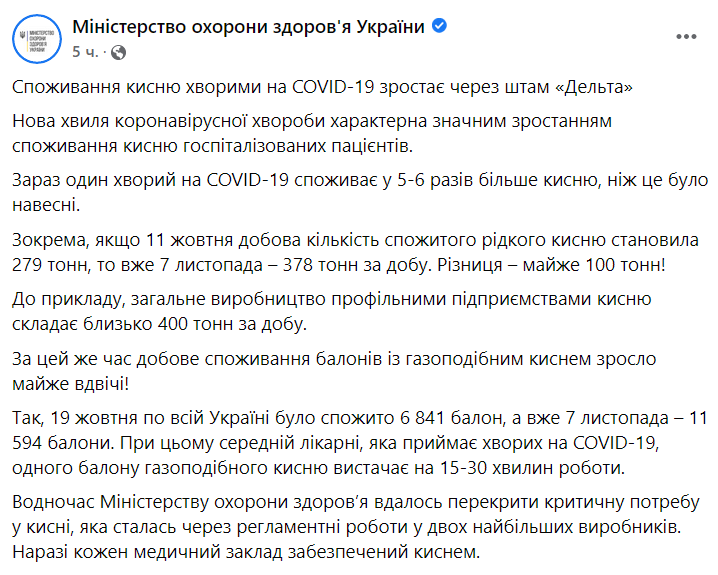 В МОЗ сообщили об увеличении расходов кислорода в больницах